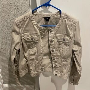 Beige Button Down Collarless Long Sleeve Denim Jacket